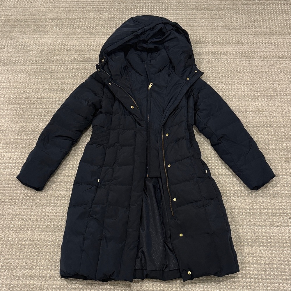Cole Haan Black Long Hooded Puffer Coat